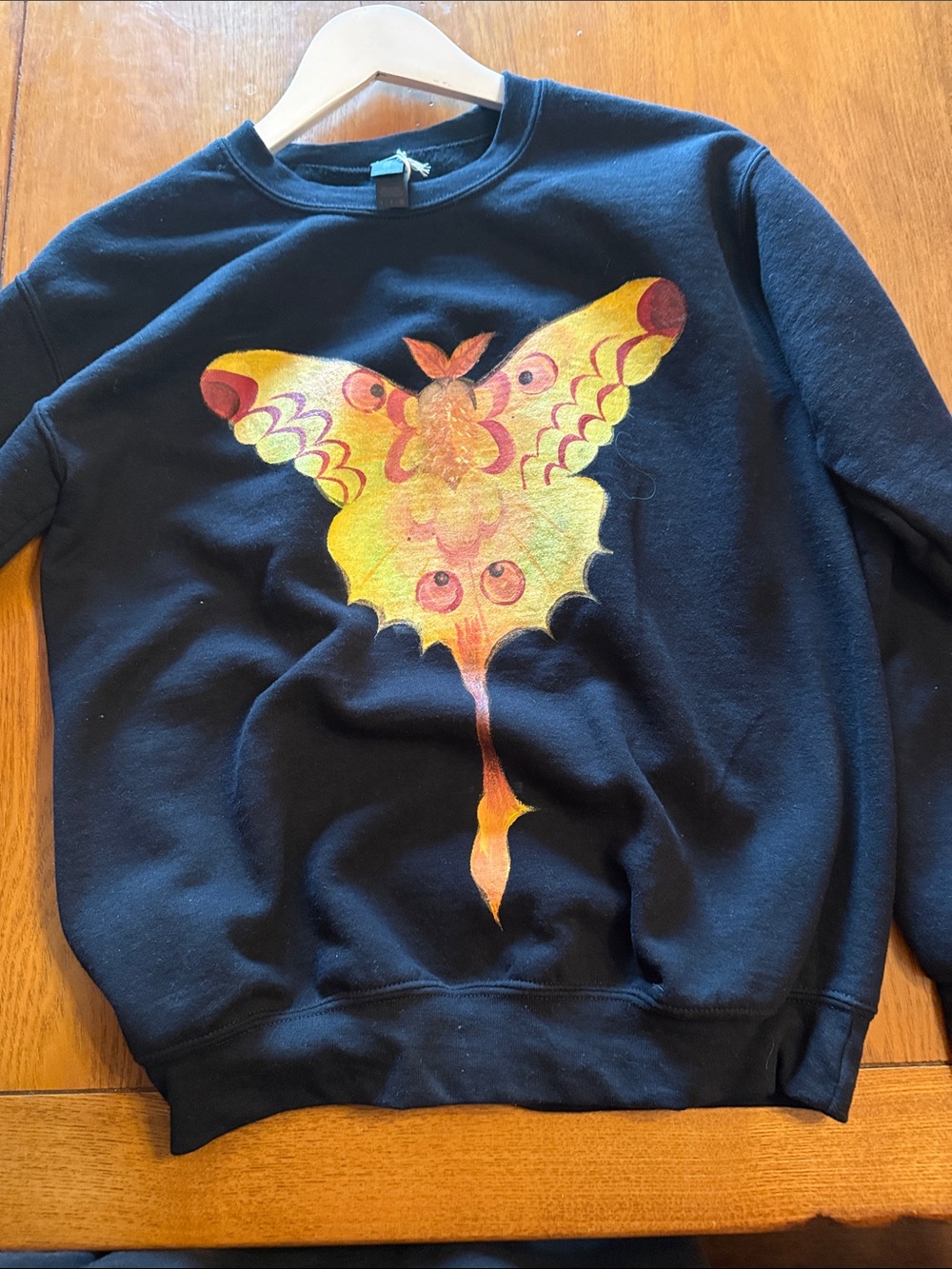 One of a kind hand painted Black Sweatshirt with  Moth painting.